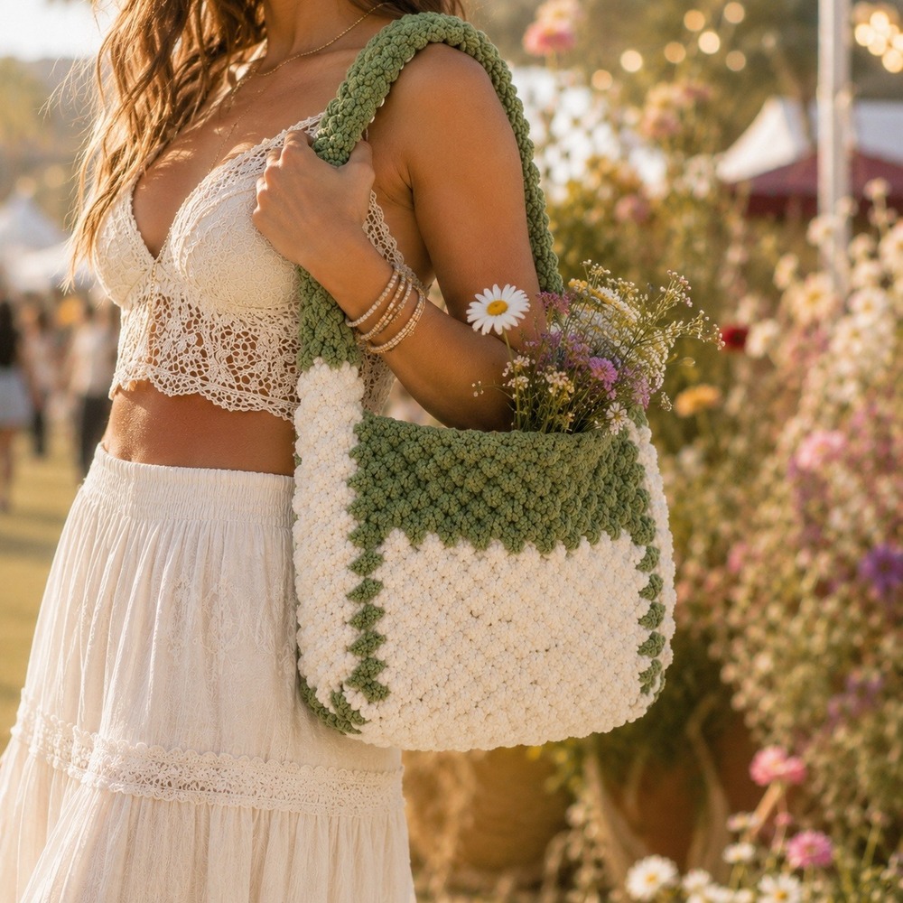Handmade Shoulder‎ Bag Chunky Knit Green White Boho Tote 12x9